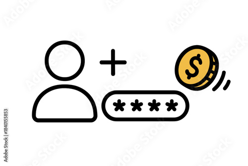 User profile icon, secure password field, and dollar coin symbolizing paid access