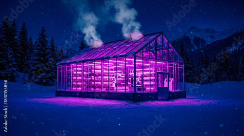 Futuristic glass greenhouse glowing purple in snowy mountains at night, controlled agriculture, hydroponics and sustainable food technology concept. generative AI