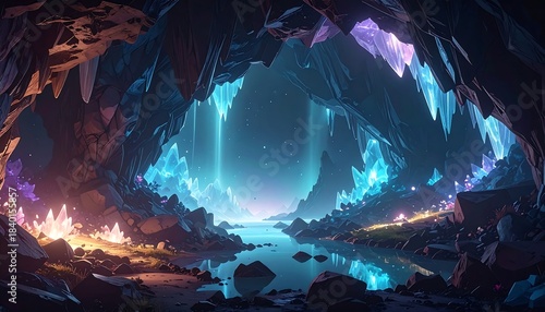 Mystical crystal cave reflecting sky on calm water surface