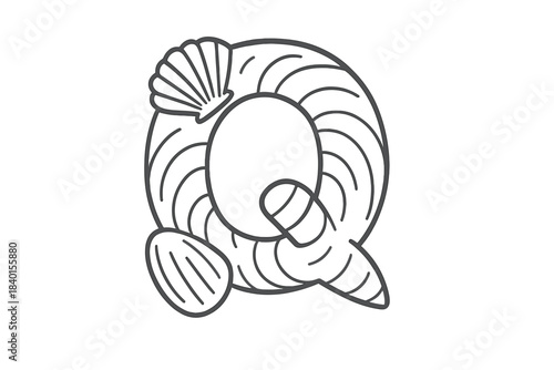 Uppercase letter Q stylized with abstract seafood and seashell elements