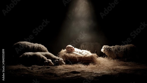 Baby Jesus in a manger surrounded by sheep in a dark space with soft light shining down