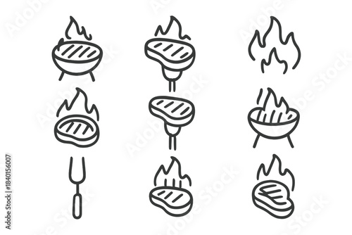 Black outline icons of barbecue grilling elements: steak, grill, fire, fork, and flame