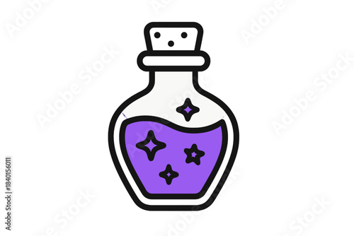 Witchcraft elixir in a glass bottle with a cork stopper and glowing purple liquid