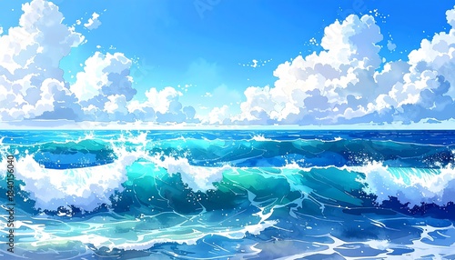 Ocean view Waves, turquoise water, white foam, bright blue sky and clouds in painted style, reminiscent of anime