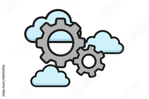 Cloud computing configuration mechanism with gears and digital data processing symbols