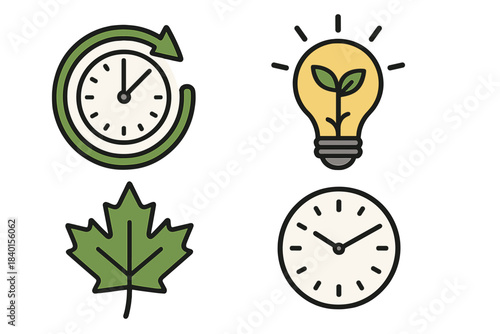 Time management, sustainability, and nature concepts represented by four graphic symbols