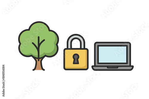 Tree padlock and laptop concepts for environmental and digital security