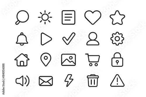 Essential user interface icons for web and mobile applications including search, home, settings, and security symbols
