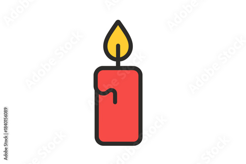 Simple red burning candle with a bright yellow flame icon symbolizing celebration and warmth