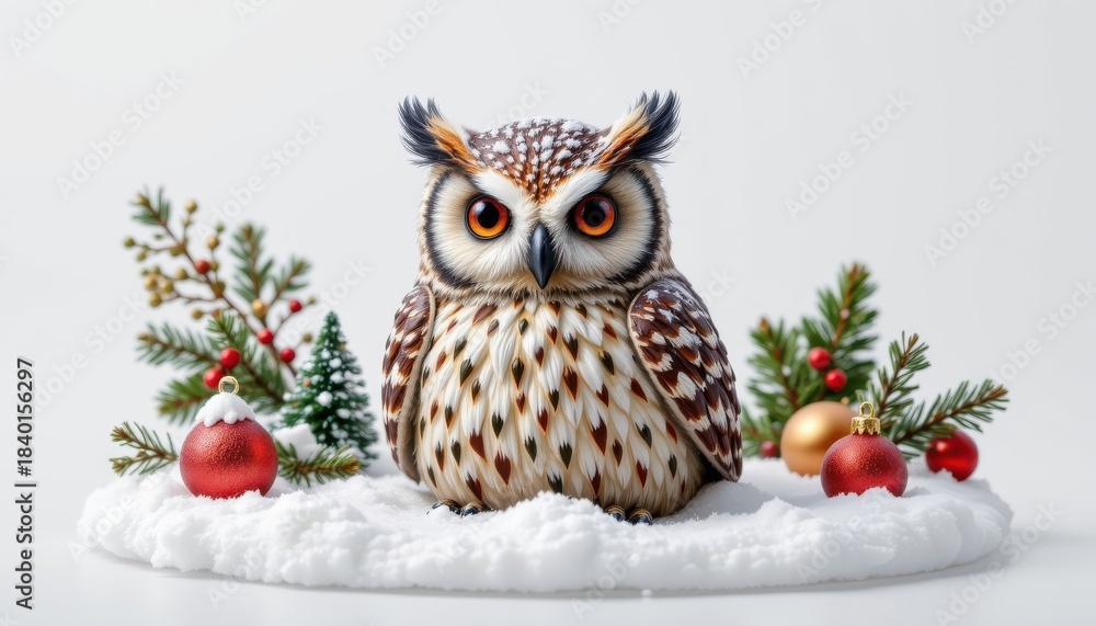 Obraz premium high resolution isolated object on pure white background featuring a christmas themed snowy owl with unique seasonal styling, distinct textures, and imaginative festive detailing..