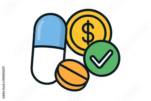 Healthcare costs and successful payment concept featuring medicine, money, and a checkmark symbol