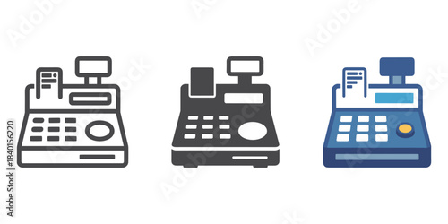 Three styles of cash register icons on white background till symbol