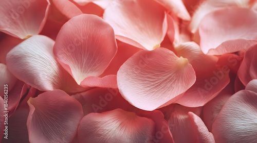 Full-frame background of scattered light pink rose petals, rich velvety tones, soft diffused lighting, subtle shadows, realistic petal textures, high-detail macro look. 