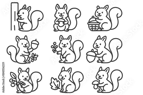 Collection of cute cartoon squirrels holding acorns, berries, leaves, and mushrooms