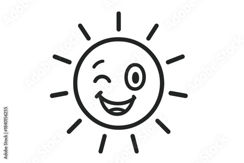 Cheerful outline cartoon sun face winking with a big smile on a white background