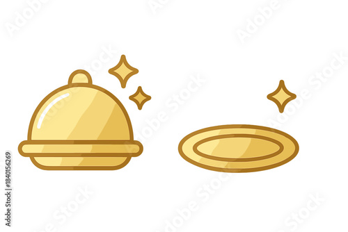Shiny golden serving cloche and clean empty plate representing fine dining