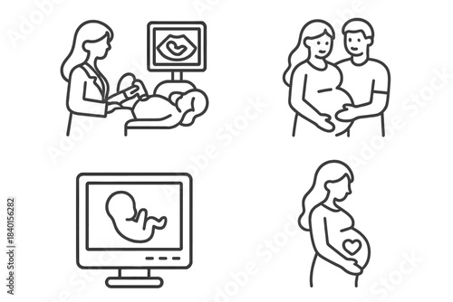 Pregnancy and maternity care line icons set with ultrasound examination and expectant parents