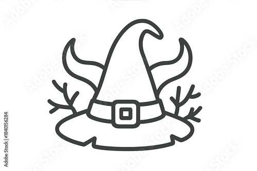 Minimalist outline icon of a spooky witch hat adorned with curved horns and creepy branches for Halloween design