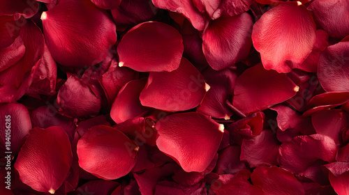 Full-frame background of scattered rose petals in deep red color, soft natural lighting, high-resolution macro texture, elegant and minimal composition, gentle depth of field.