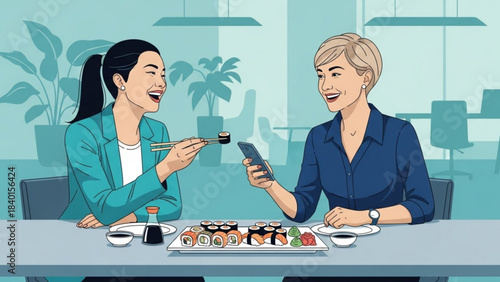 Two women enjoying sushi lunch break sharing food and using smartphone modern office background business casual