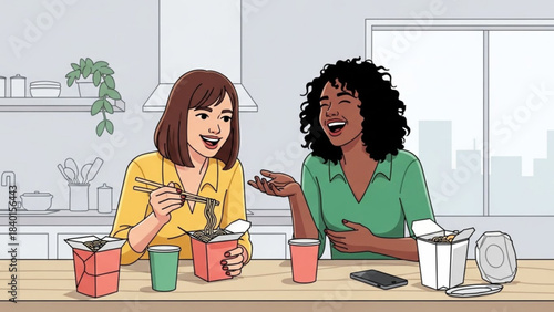 Two diverse women laughing and eating takeout noodles at a kitchen counter casual meal at home friendship and lifestyle concept