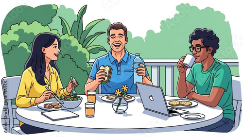 Friends enjoying an outdoor lunch on a patio casual meal with food and drinks relaxed conversation and teamwork concept