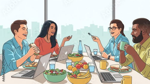Diverse team having a working lunch meeting with laptops and healthy food concept for collaboration and productivity