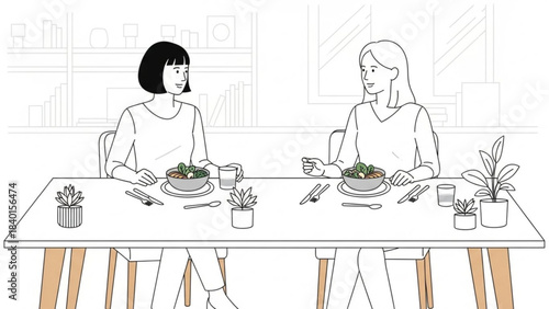 Two women enjoying a healthy meal together at a table minimalist line art illustration for lifestyle and wellness concepts