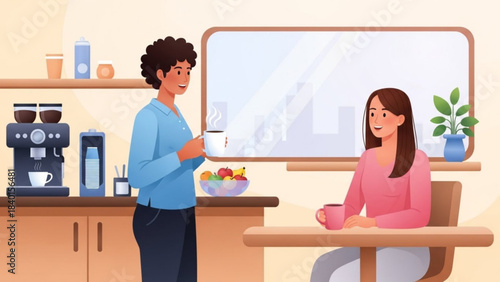 Two women chatting over coffee in a break room casual conversation and workplace relaxation illustration for business concepts