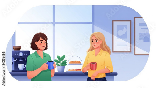 Two women enjoying coffee break in office pantry casual conversation and relaxation modern flat illustration style