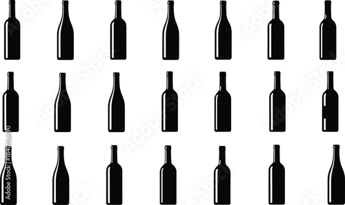 Bottle silhouette set, black vector icons, container shapes, packaging design, neck and body variation, isolated graphic, product mockup