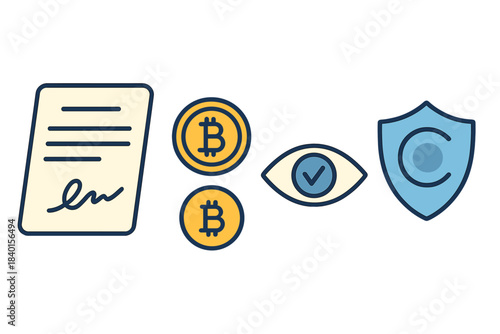 Digital contract, cryptocurrency coins, security monitoring eye, and copyright shield symbols