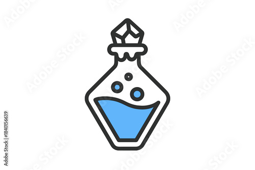 Magical potion bottle with glowing blue liquid and faceted crystal stopper