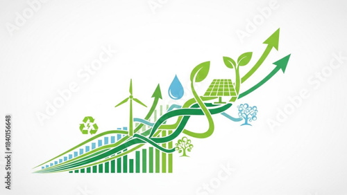 Green energy growth concept eco-friendly renewable resources and sustainability upward trend graph with icons