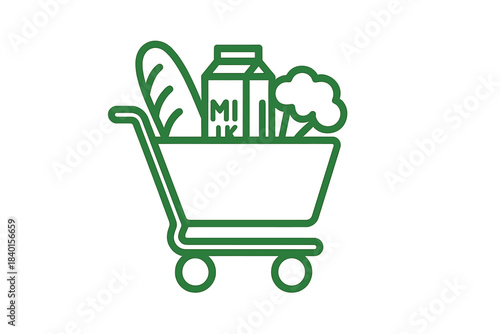 Green shopping cart filled with essential groceries including bread, milk, and vegetables