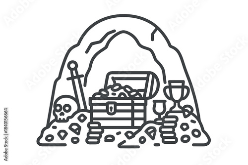 Open treasure chest filled with gold coins jewels and ancient artifacts hidden in a cave