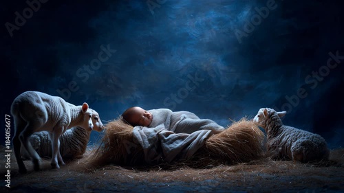 Baby Jesus rests on straw surrounded by sheep in a dimly lit scene capturing the nativity moment in a stable setting