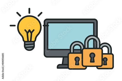 Lightbulb illuminating a computer monitor secured by three strong padlocks