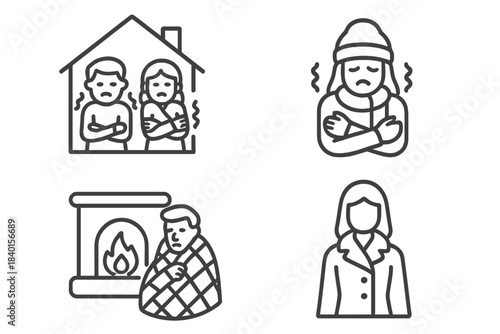 People shivering from cold and warming up near a fireplace while wearing winter clothes