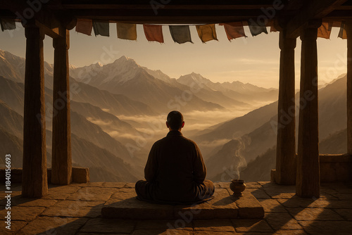 Monk meditating in mountain monastery at sunrise with prayer flags and misty valleys, spiritual mindfulness and Himalayan serenity. generative AI