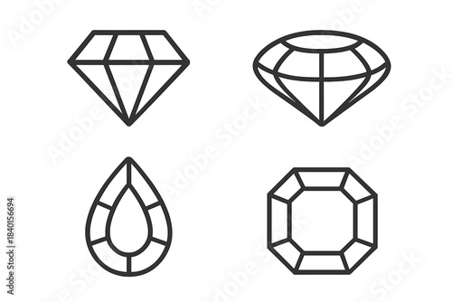 Collection of four outline icons representing diamond and precious gemstone cuts