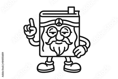 Wise anthropomorphic book character mascot with beard and peace sign headband pointing up