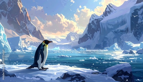 Penguin in cold arctic landscape with icebergs, mountains and blue sky, illustration, soft light
