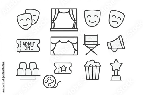 Collection of outline icons representing theater, cinema, acting, and film production elements