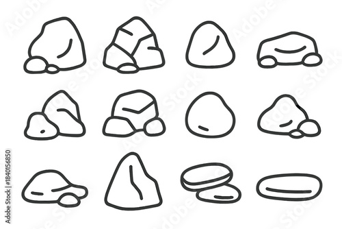 Minimalist line art depicting a collection of natural rocks, stones, and pebbles
