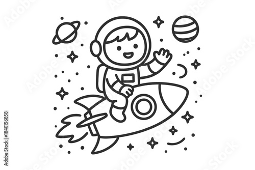 Adorable astronaut waving from a flying rocket ship traveling through the cosmos