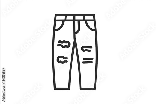 Simple black line drawing of fashionable distressed denim jeans or trousers for casual wear