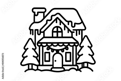 Festive snowy cottage outline with chimney and evergreen trees for winter holidays