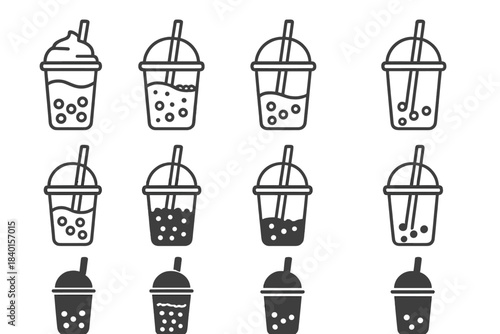 Bubble tea symbols set featuring outline and solid glyph styles for menus and applications