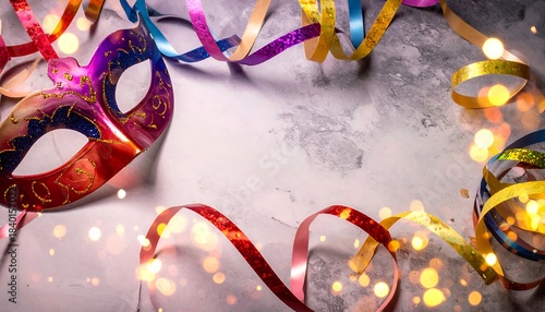 Mask and festive ribbons on a marble surface, with bokeh lights creating a celebratory atmosphere